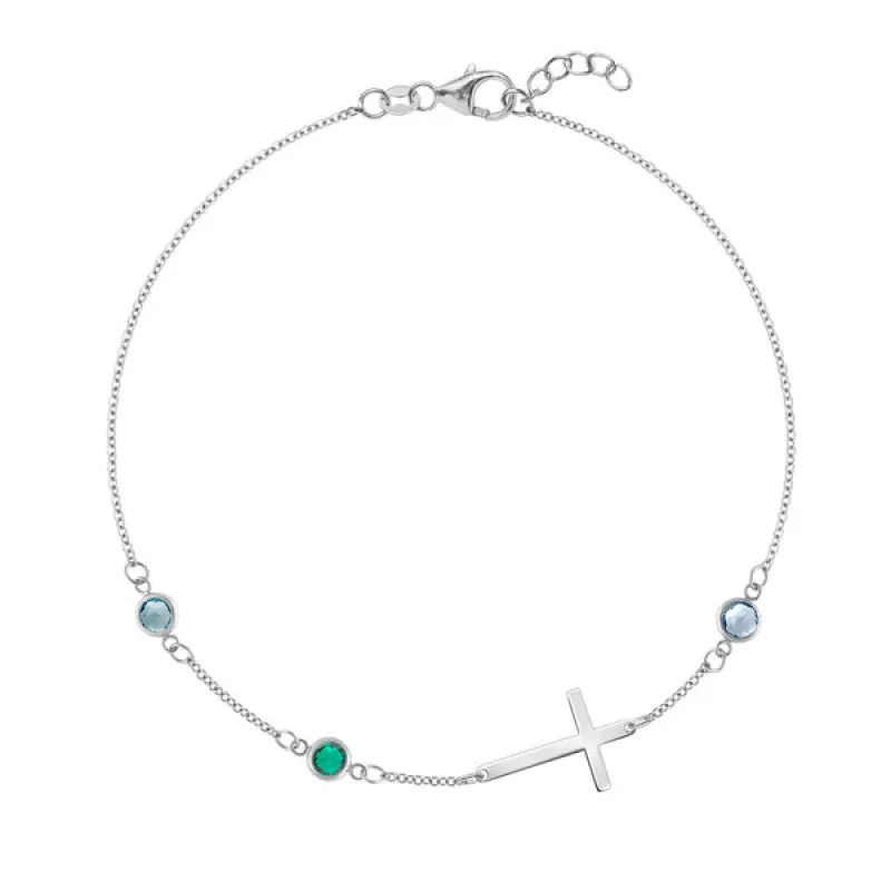 Personalized Classic Cross & 3 Birthstone Bracelet in 14k Gold sold by Haverhill