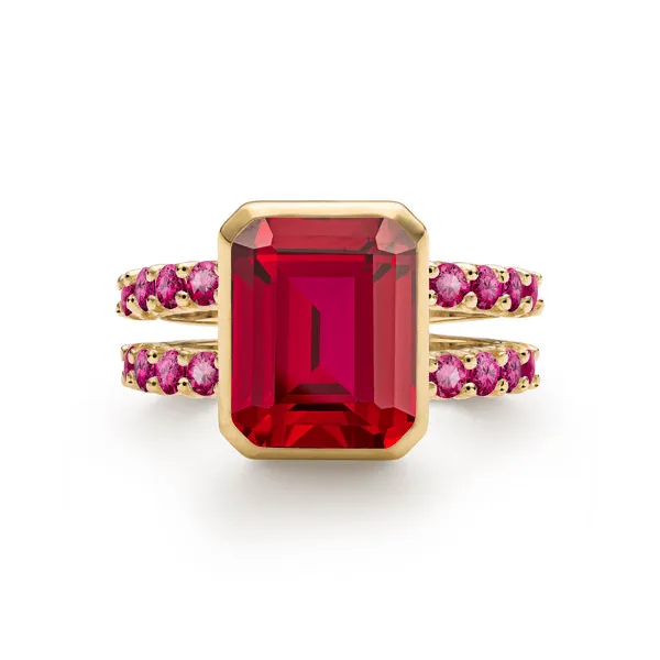 Personalized Warren Vertical Birthstone Ring with Accent Stones in 14k Gold sold by Haverhill