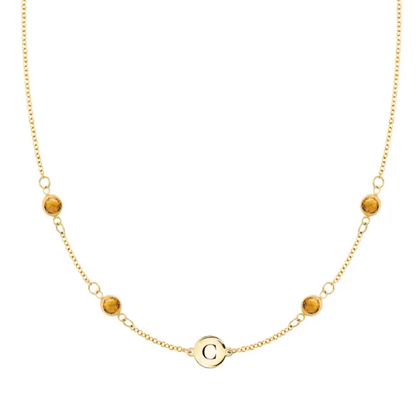Personalized Classic 1 Letter & 4 Birthstone Necklace in 14k Gold (Double Spacing) sold by Haverhill
