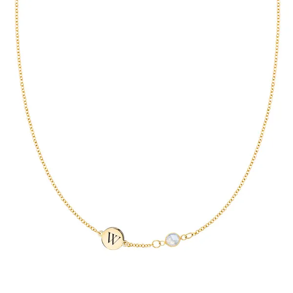 Personalized Classic 1 Letter & 1 Birthstone Necklace in 14k Gold (Single Spacing) sold by Haverhill