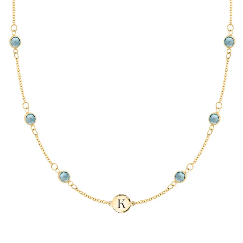 Personalized Classic 1 Letter & 6 Birthstone Necklace in 14k Gold (Double Spacing) sold by Haverhill