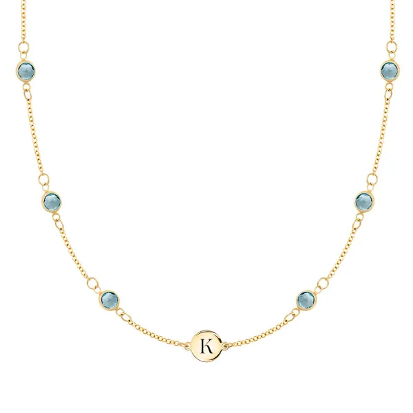 Personalized Classic 1 Letter & 6 Birthstone Necklace in 14k Gold (Double Spacing) sold by Haverhill