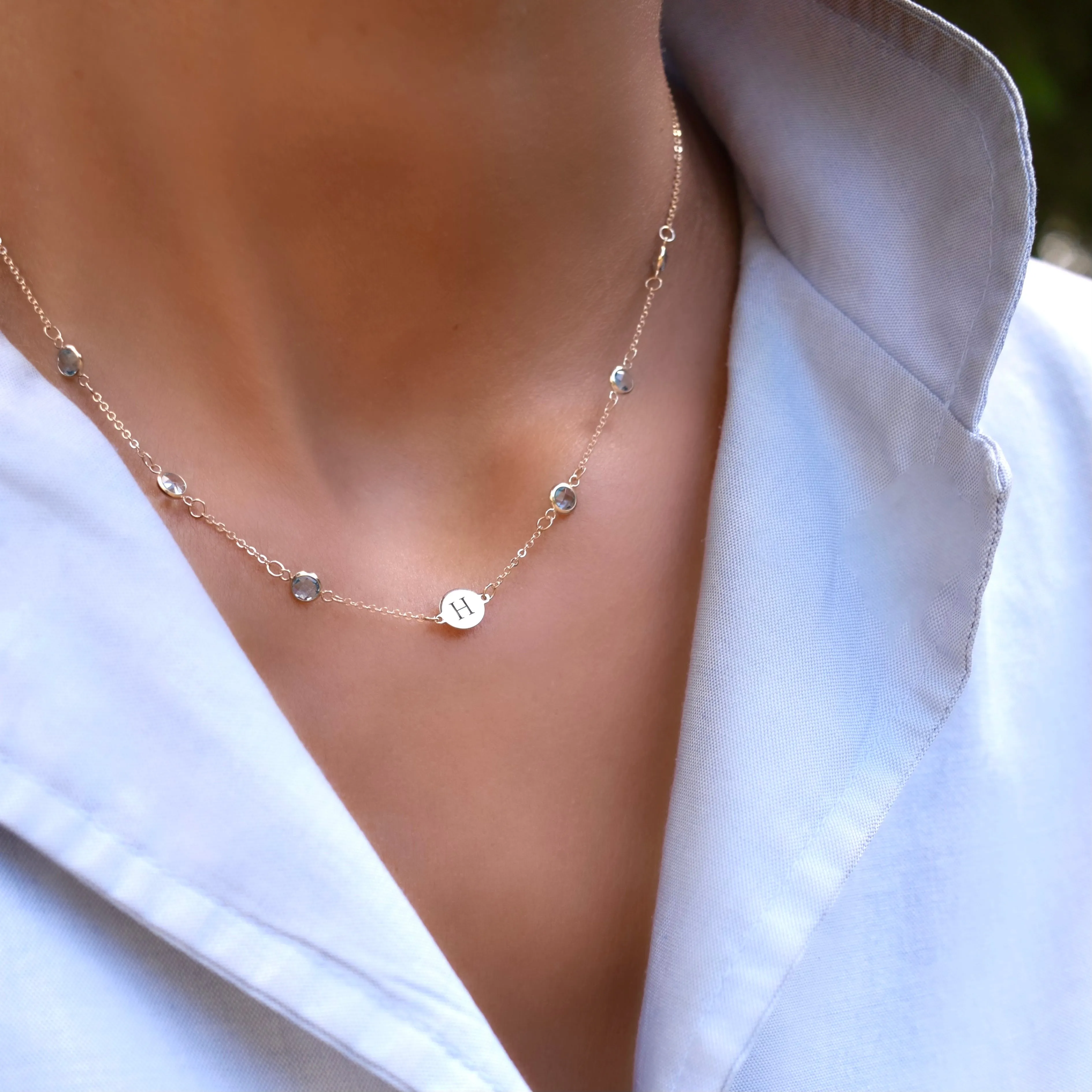 Personalized Classic 1 Letter & 6 Birthstone Necklace in 14k Gold (Double Spacing) sold by Haverhill product image thumbnail 3