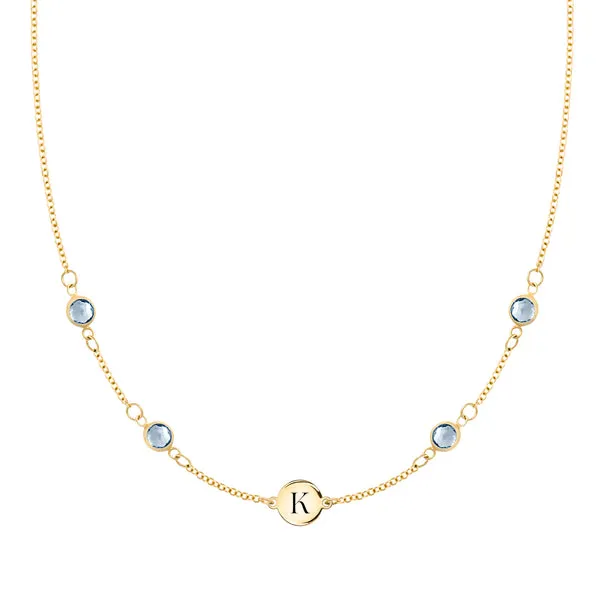 Personalized Classic 1 Letter & 4 Nantucket Blue Topaz Necklace in 14k Gold (December) sold by Haverhill