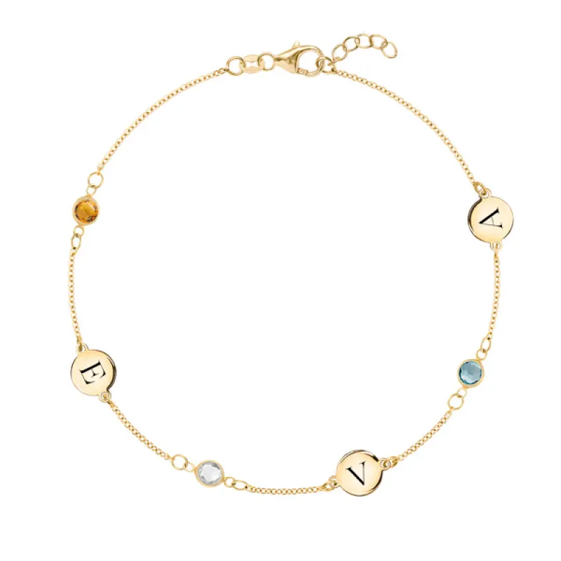 Personalized Classic 3 Letter & 3 Birthstone Bracelet in 14k Gold sold by Haverhill