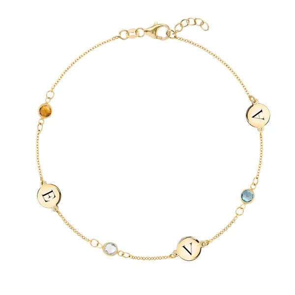Personalized Classic 3 Letter & 3 Birthstone Bracelet in 14k Gold sold by Haverhill