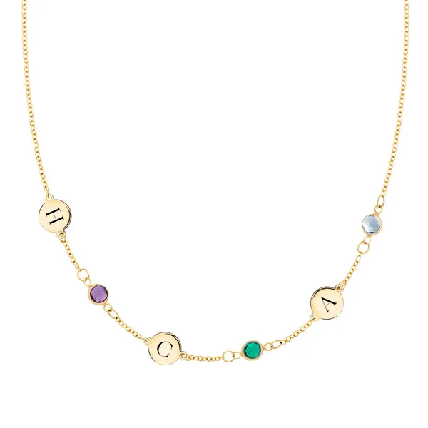 Personalized Classic 3 Letter & 3 Birthstone Necklace in 14k Gold (Single Spacing) sold by Haverhill