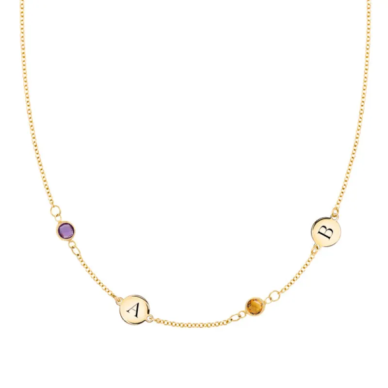 Personalized Classic 2 Letter & 2 Birthstone Necklace in 14k Gold (Double Spacing) sold by Haverhill