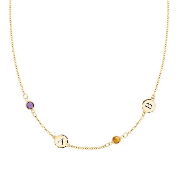 Personalized Classic 2 Letter & 2 Birthstone Necklace in 14k Gold (Double Spacing) sold by Haverhill