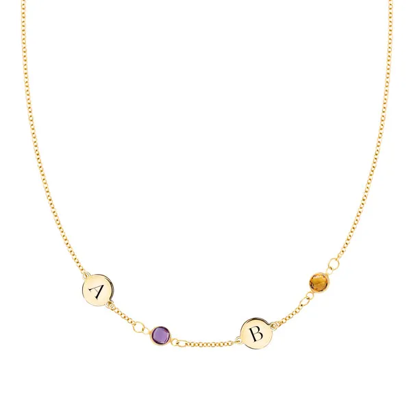 Personalized Classic 2 Letter & 2 Birthstone Necklace in 14k Gold (Single Spacing) sold by Haverhill