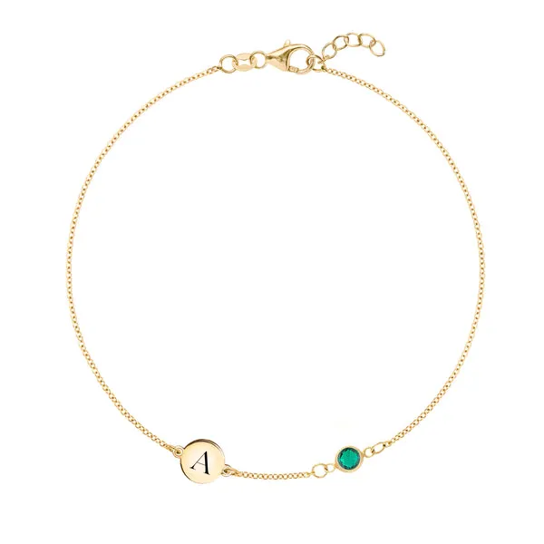 Personalized Classic 1 Letter & 1 Emerald Bracelet in 14k Gold (May) sold by Haverhill