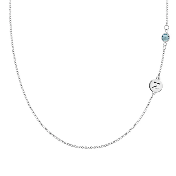 Personalized Classic 1 Letter & 1 Nantucket Blue Topaz Necklace in 14k Gold (December) sold by Haverhill