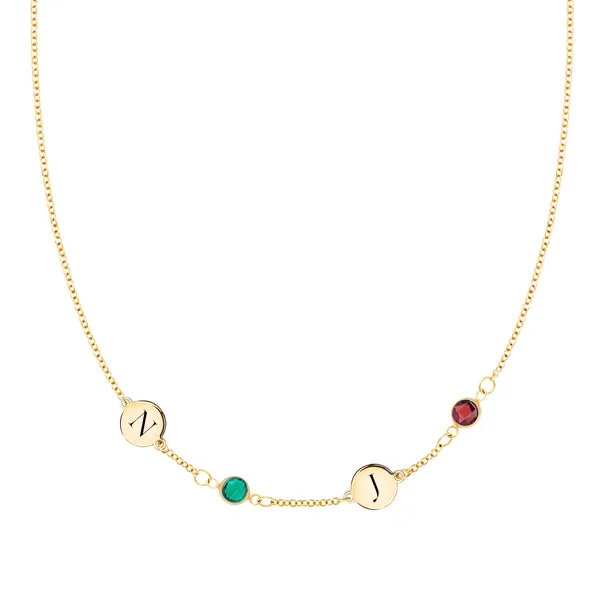 Personalized Classic 2 Letter & 2 Birthstone Necklace in 14k Gold (Single Spacing) sold by Haverhill