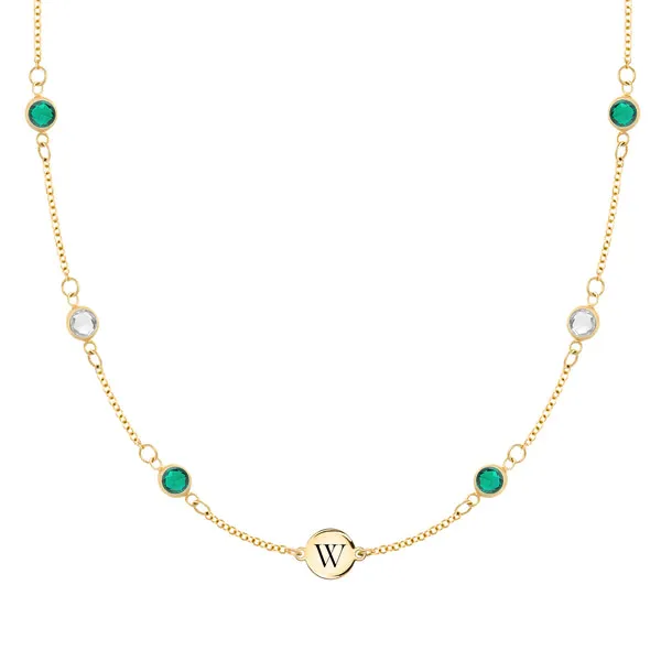 Personalized Classic 1 Letter & 6 Birthstone Necklace in 14k Gold (Double Spacing) sold by Haverhill