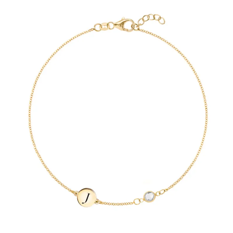 Personalized Classic 1 Letter & 1 White Topaz Bracelet in 14k Gold (April) sold by Haverhill