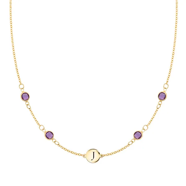 Personalized Classic 1 Letter & 4 Amethyst Necklace in 14k Gold (February) sold by Haverhill