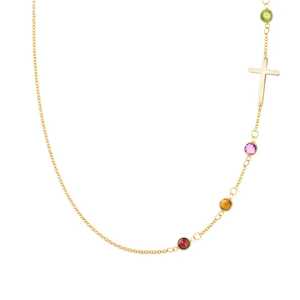 Personalized Classic Cross & 4 Birthstone Necklace in 14k Gold sold by Haverhill
