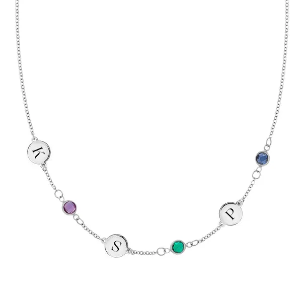 Personalized Classic 3 Letter & 3 Birthstone Necklace in 14k Gold (Single Spacing) sold by Haverhill