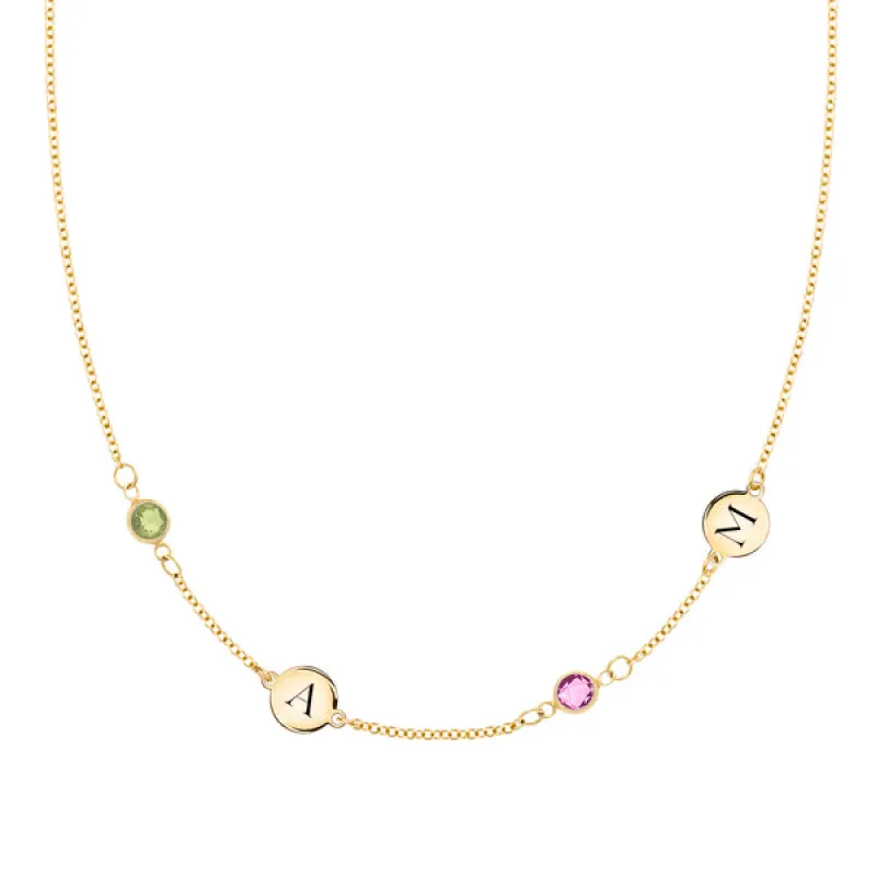 Personalized Classic 2 Letter & 2 Birthstone Necklace in 14k Gold (Double Spacing) sold by Haverhill