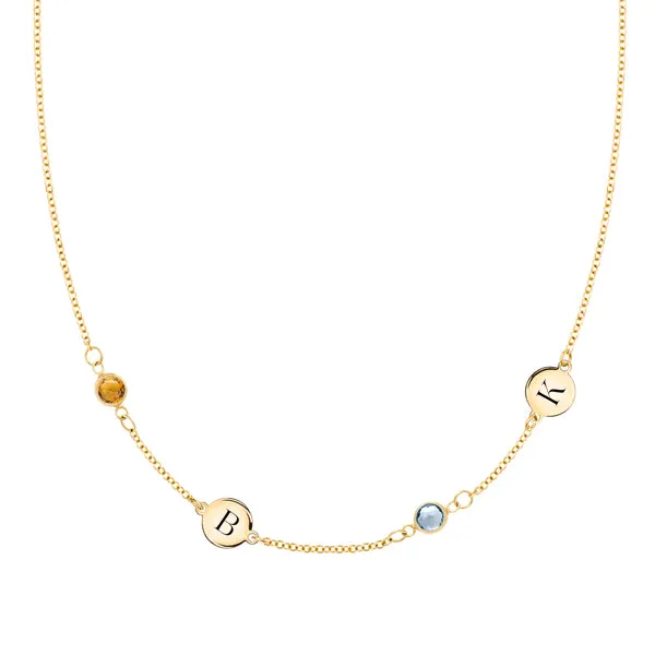 Personalized Classic 2 Letter & 2 Birthstone Necklace in 14k Gold (Double Spacing) sold by Haverhill