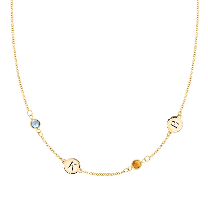 Personalized Classic 2 Letter & 2 Birthstone Necklace in 14k Gold (Double Spacing) sold by Haverhill