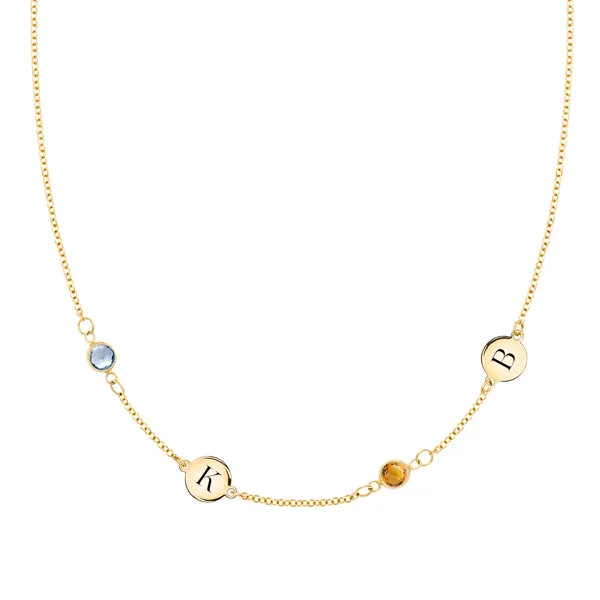 Personalized Classic 2 Letter & 2 Birthstone Necklace in 14k Gold (Double Spacing) sold by Haverhill