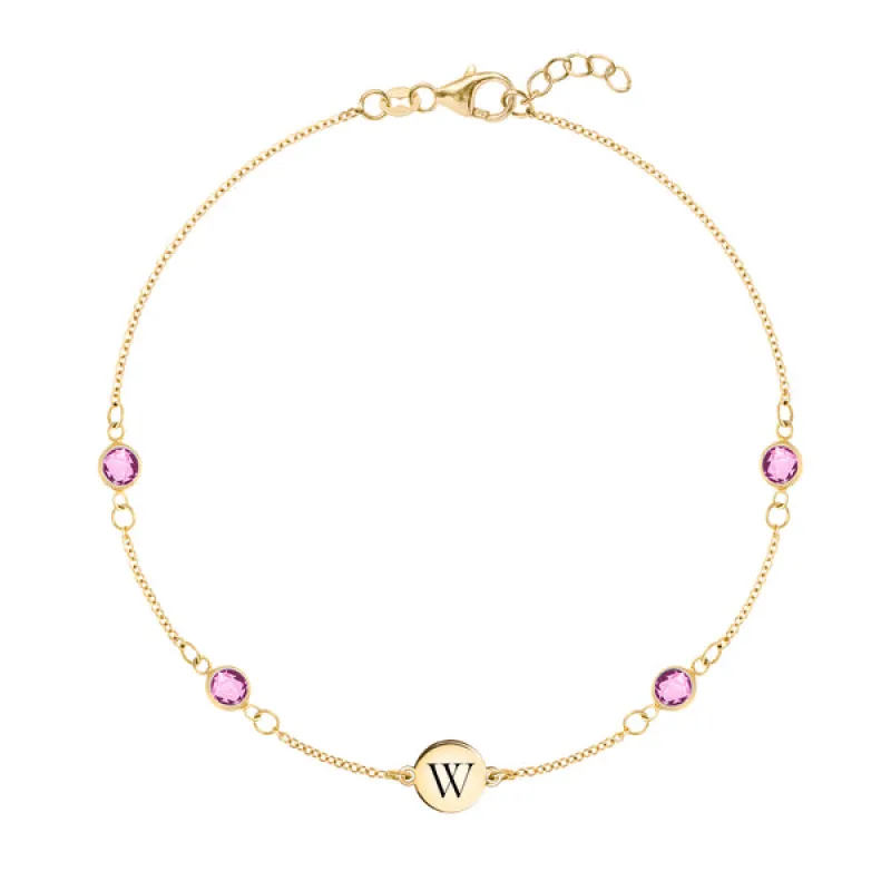 Personalized Classic 1 Letter & 4 Pink Sapphire Bracelet in 14k Gold (October) sold by Haverhill