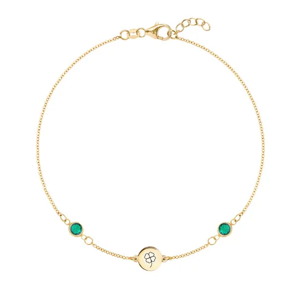 Personalized Clover Disc & Classic 2 Birthstone Bracelet in 14k Gold sold by Haverhill