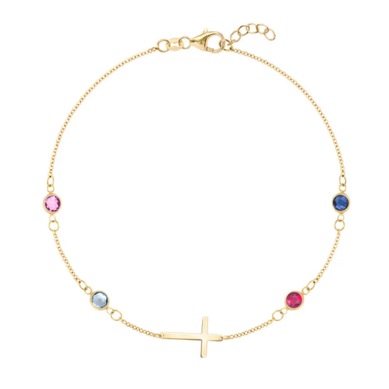 Personalized Classic Cross & 4 Birthstone Bracelet in 14k Gold sold by Haverhill