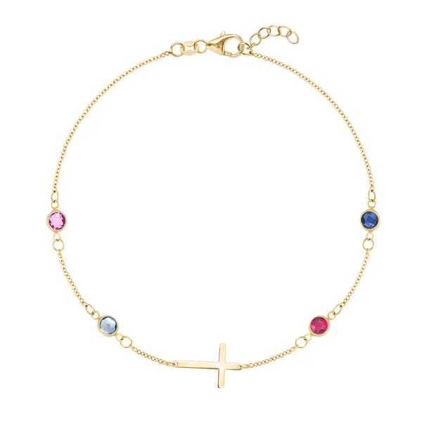 Personalized Classic Cross & 4 Birthstone Bracelet in 14k Gold sold by Haverhill