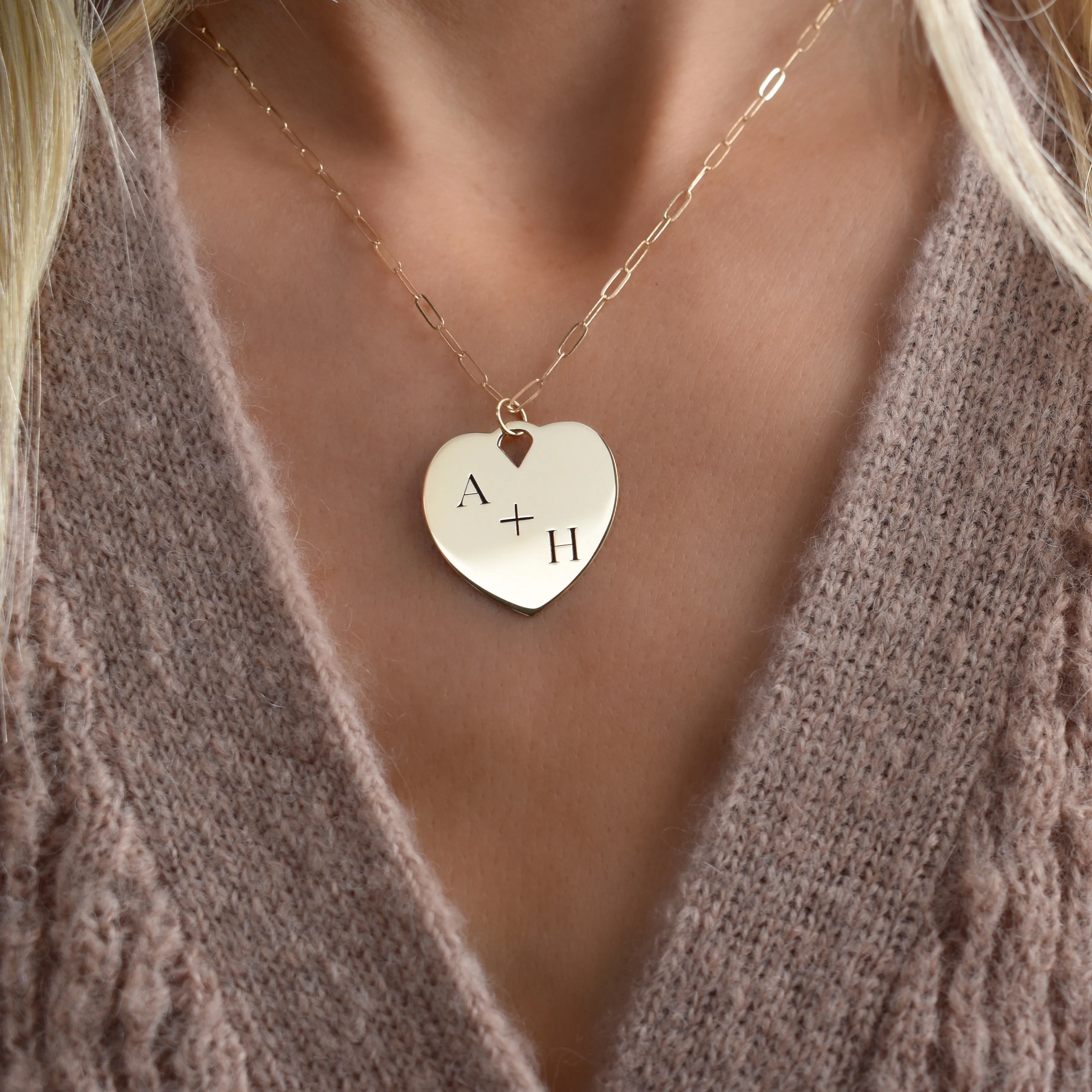 Engravable Large Flat Heart Pendant with Adelaide Mini Chain in 14k Gold sold by Haverhill product image thumbnail 3