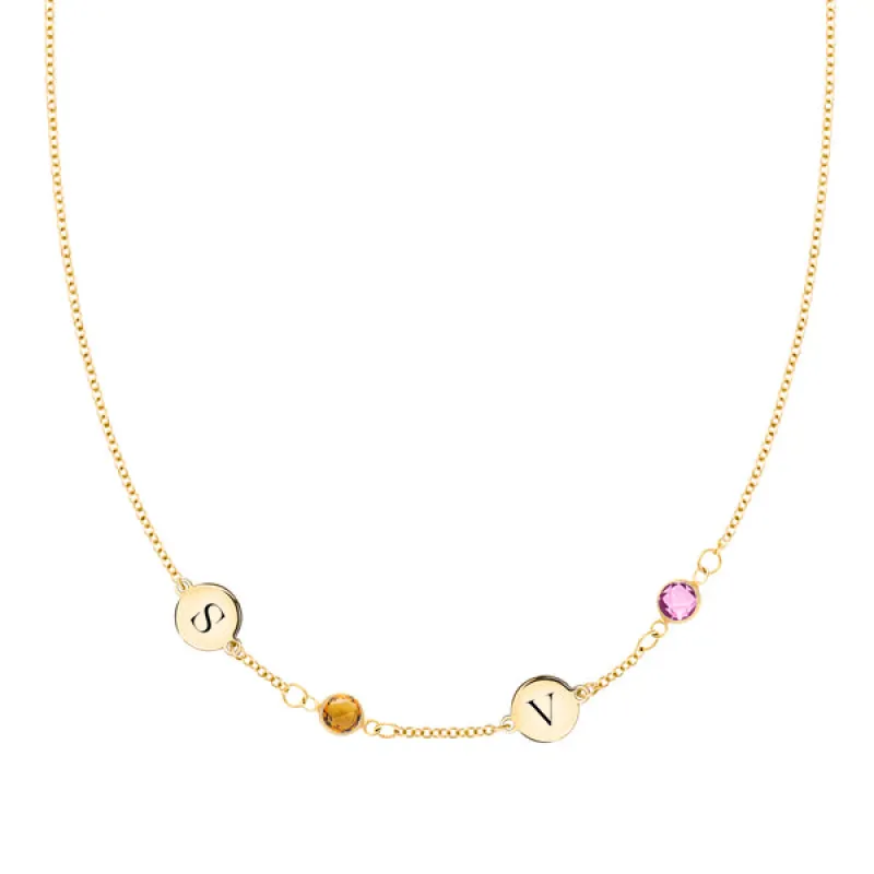 Personalized Classic 2 Letter & 2 Birthstone Necklace in 14k Gold (Single Spacing) sold by Haverhill