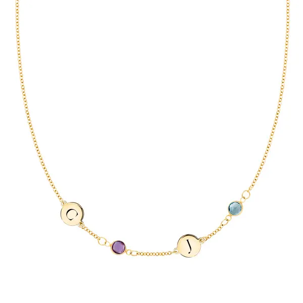 Personalized Classic 2 Letter & 2 Birthstone Necklace in 14k Gold (Single Spacing) sold by Haverhill