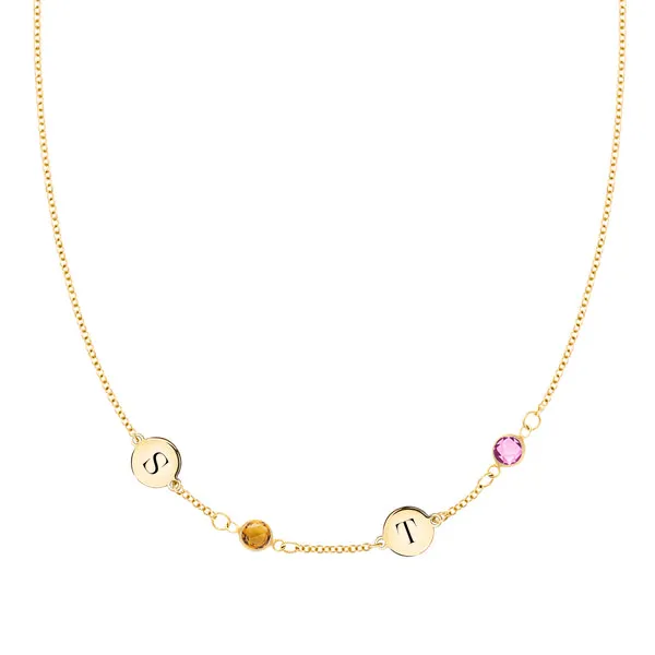 Personalized Classic 2 Letter & 2 Birthstone Necklace in 14k Gold (Single Spacing) sold by Haverhill