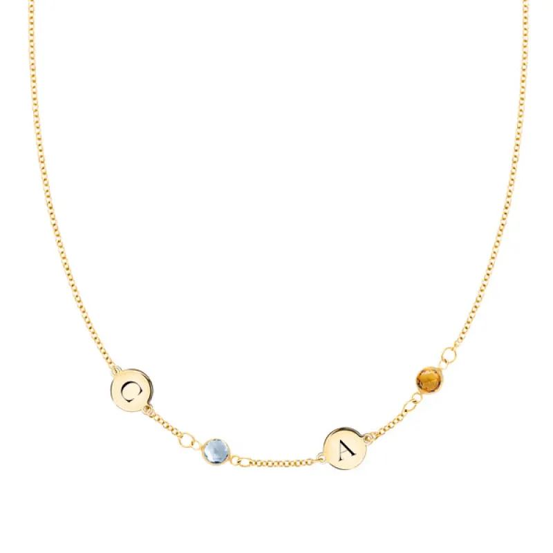 Personalized Classic 2 Letter & 2 Birthstone Necklace in 14k Gold (Single Spacing) sold by Haverhill