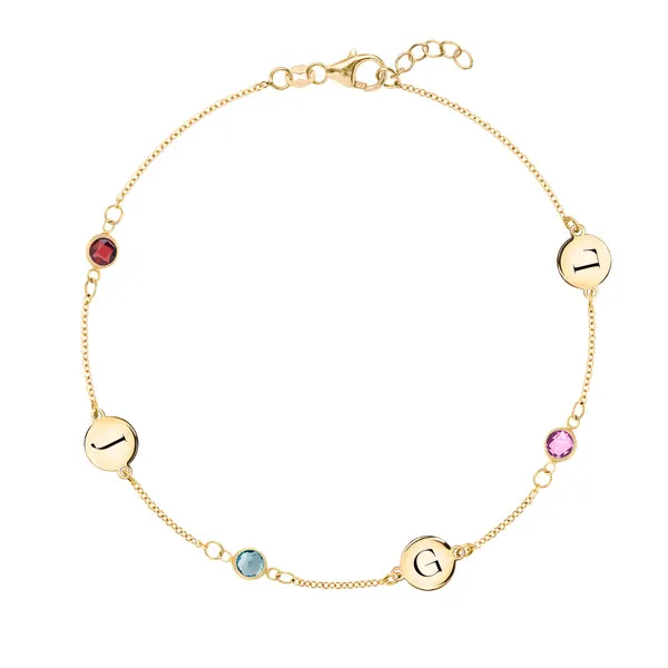 Personalized Classic 3 Letter & 3 Birthstone Bracelet in 14k Gold sold by Haverhill