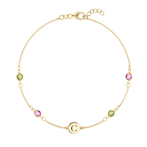 Personalized Classic 1 Letter & 4 Birthstone Bracelet in 14k Gold sold by Haverhill