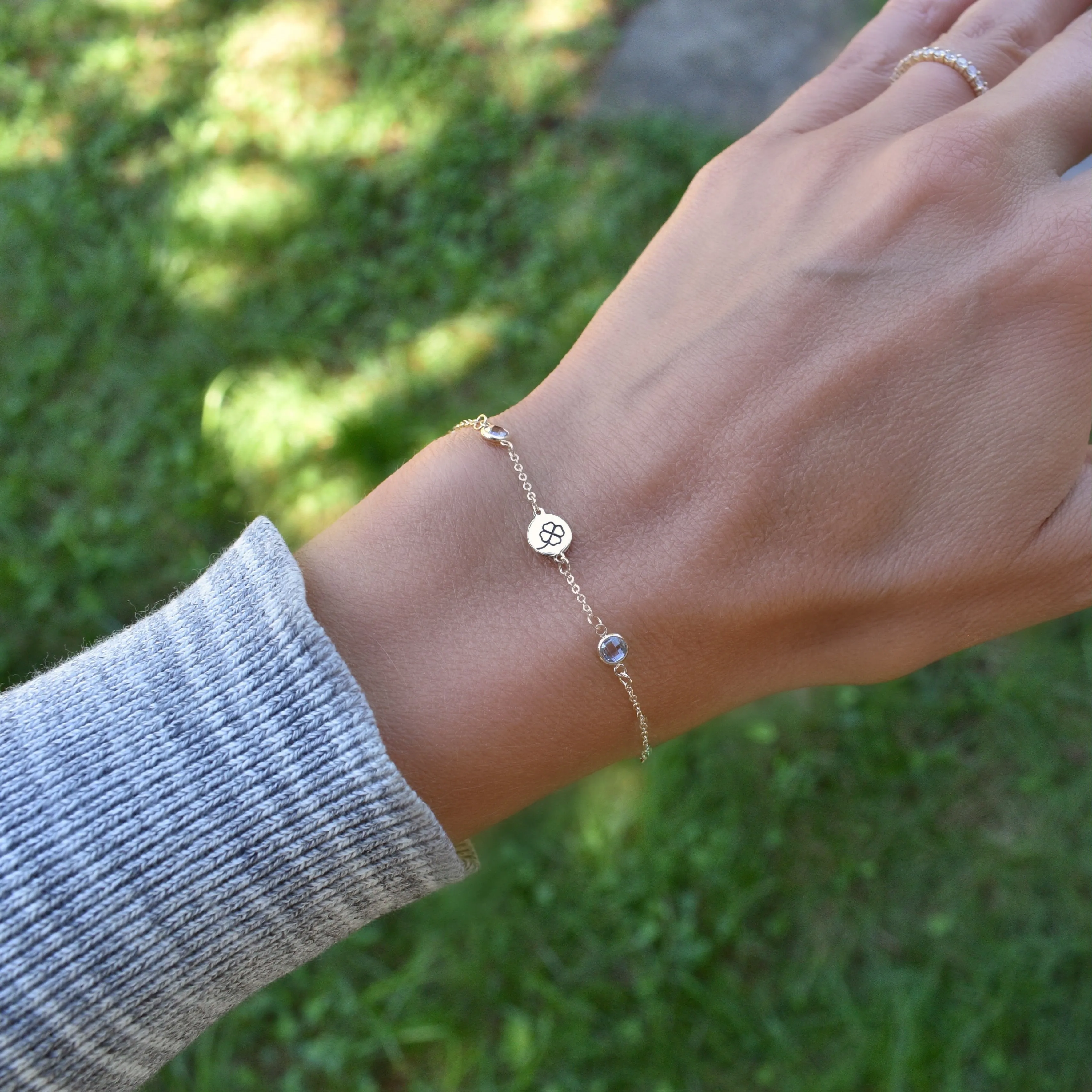 Personalized Clover Disc & Classic 2 Birthstone Bracelet in 14k Gold sold by Haverhill product image thumbnail 2