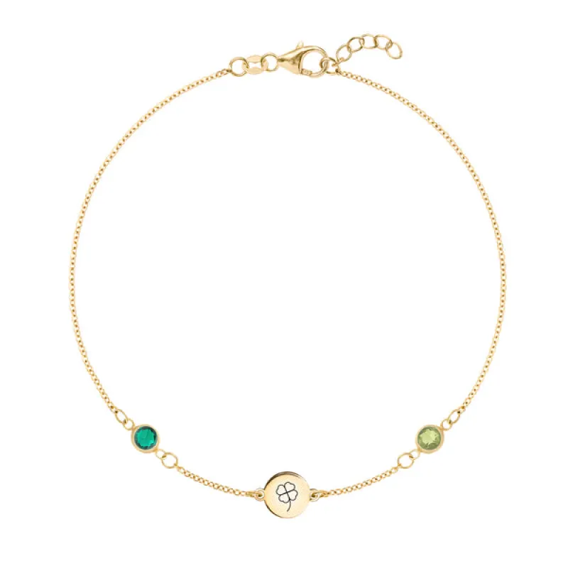 Personalized Clover Disc & Classic 2 Birthstone Bracelet in 14k Gold sold by Haverhill