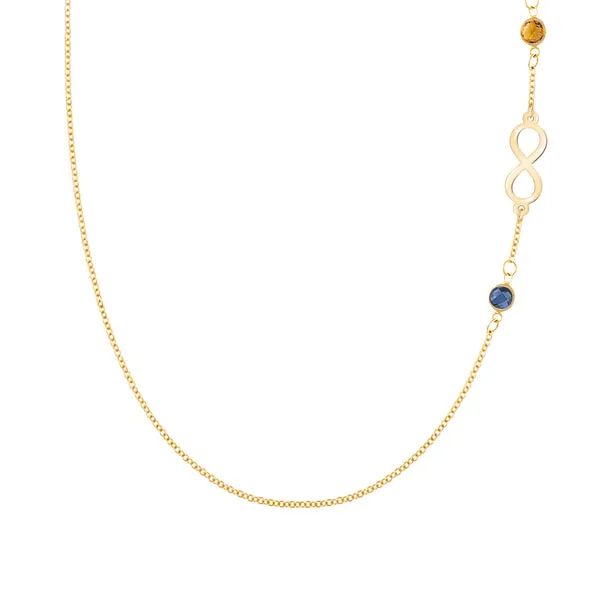 Personalized Classic Infinity & 2 Birthstone Necklace in 14k Gold sold by Haverhill