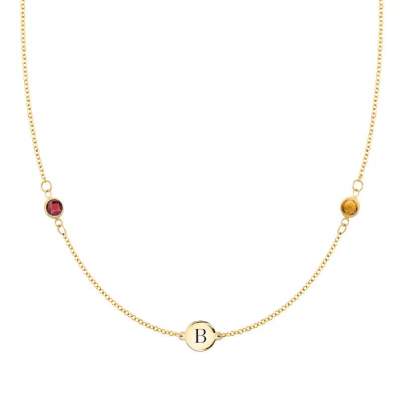 Personalized Classic 1 Letter & 2 Birthstone Necklace in 14k Gold sold by Haverhill
