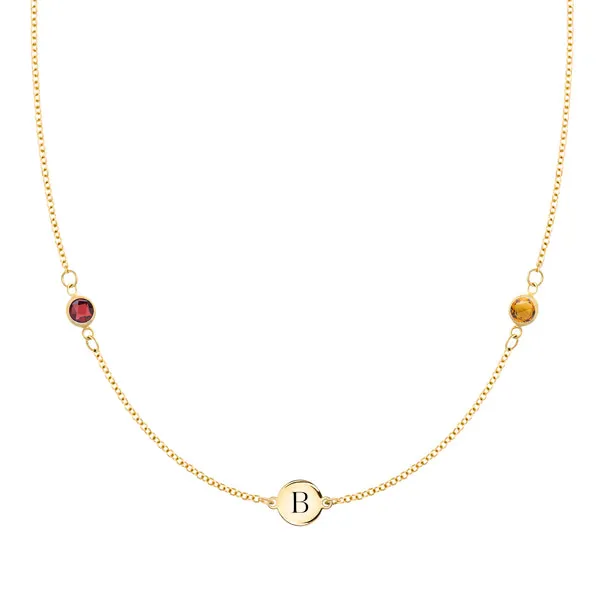 Personalized Classic 1 Letter & 2 Birthstone Necklace in 14k Gold sold by Haverhill