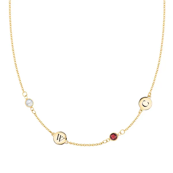 Personalized Classic 2 Letter & 2 Birthstone Necklace in 14k Gold (Double Spacing) sold by Haverhill