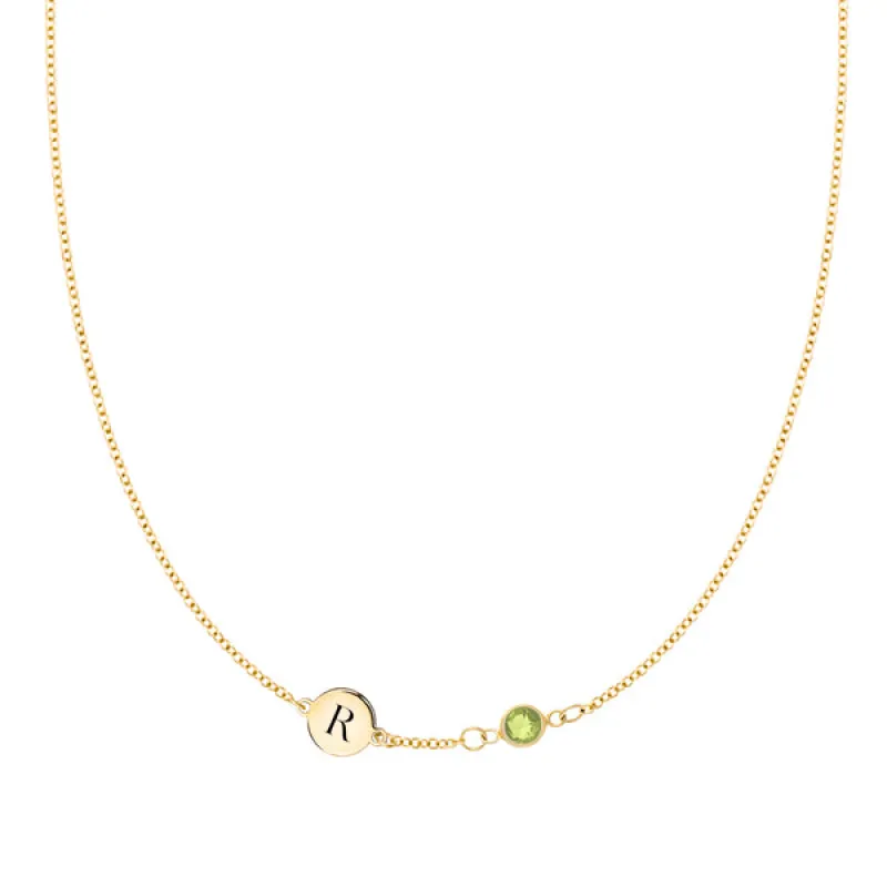 Personalized Classic 1 Letter & 1 Birthstone Necklace in 14k Gold (Single Spacing) sold by Haverhill