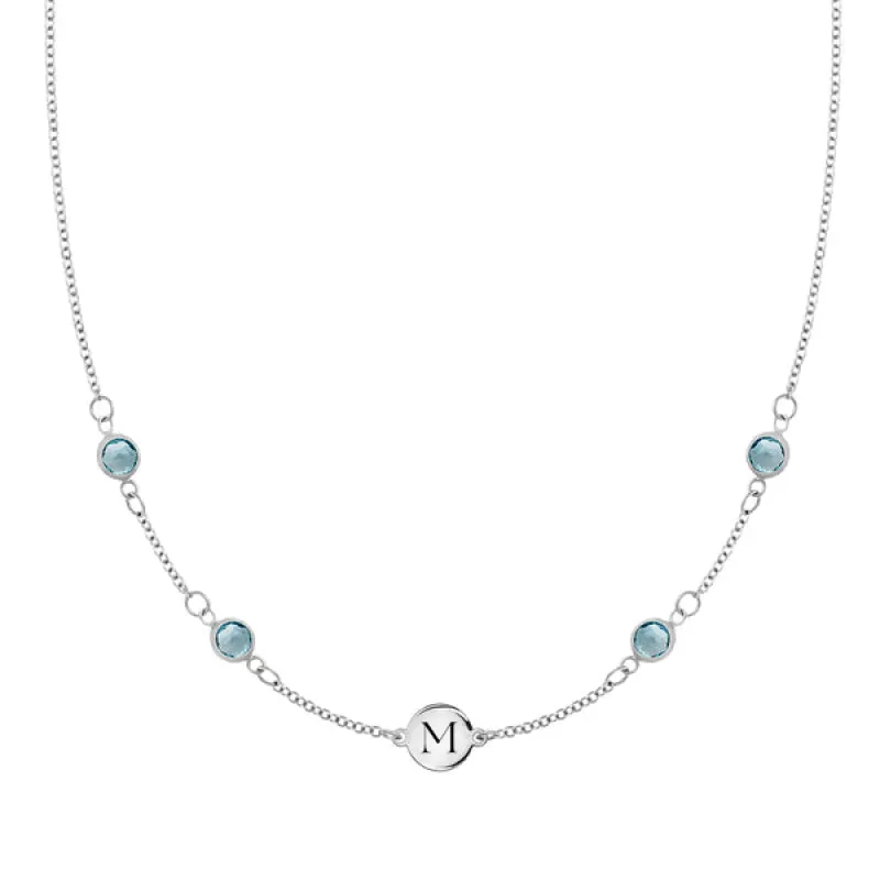 Personalized Classic 1 Letter & 4 Nantucket Blue Topaz Necklace in 14k Gold (December) sold by Haverhill