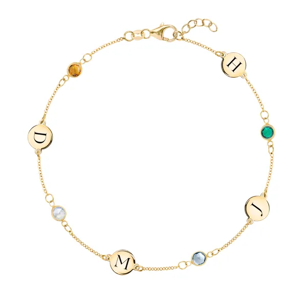 Personalized Classic 4 Letter & 4 Birthstone Bracelet in 14k Gold sold by Haverhill