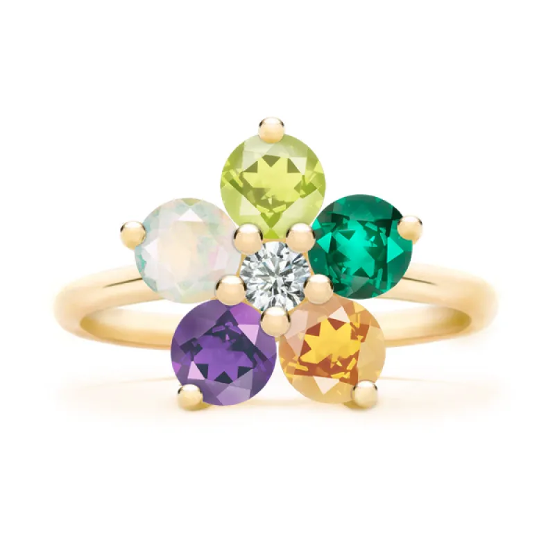 Personalized Greenwich Flower Birthstone & Diamond Ring in 14k Gold sold by Haverhill