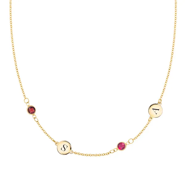 Personalized Classic 2 Letter & 2 Birthstone Necklace in 14k Gold (Double Spacing) sold by Haverhill
