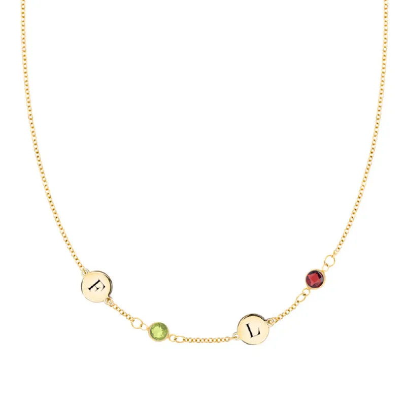 Personalized Classic 2 Letter & 2 Birthstone Necklace in 14k Gold (Single Spacing) sold by Haverhill