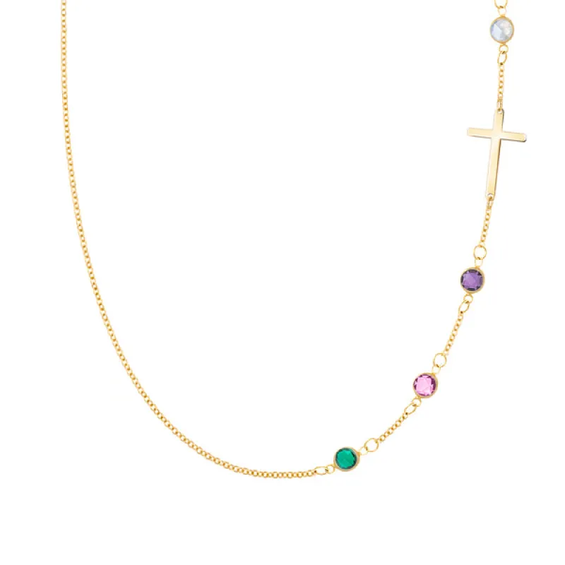 Personalized Classic Cross & 4 Birthstone Necklace in 14k Gold sold by Haverhill